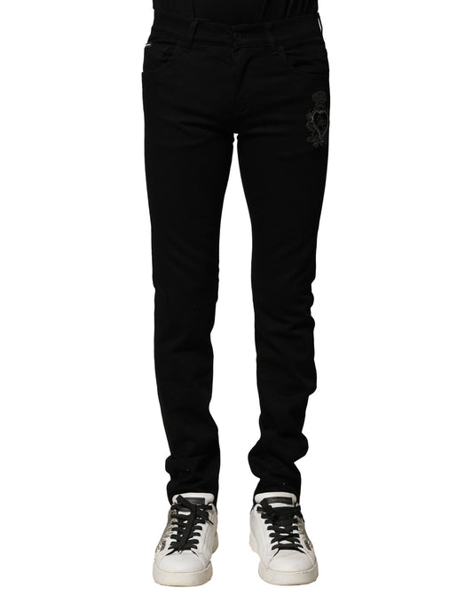 Black Cotton Embroidery Slim Fit Denim Jeans