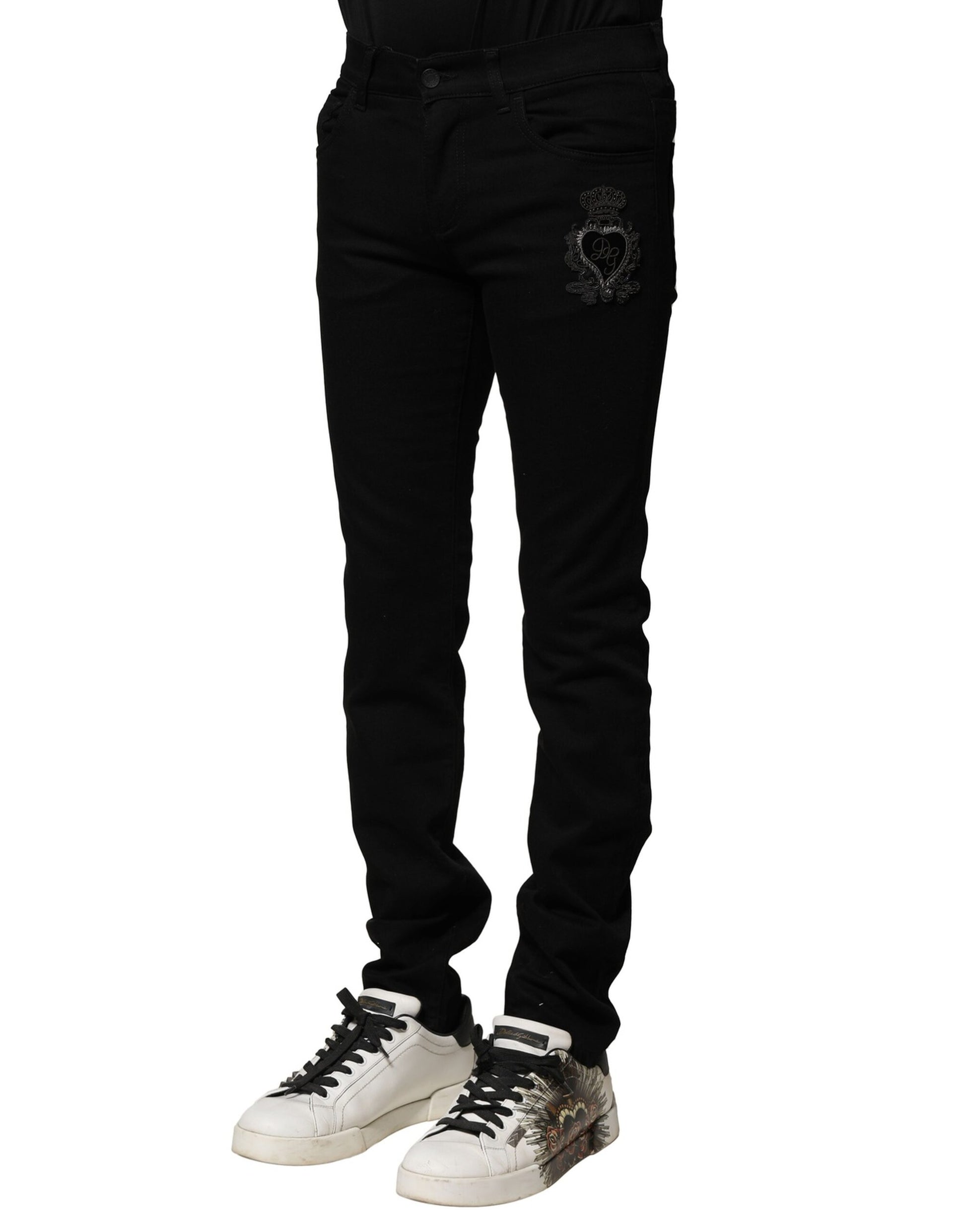 Black Cotton Embroidery Slim Fit Denim Jeans