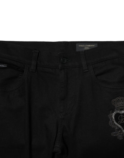 Black Cotton Embroidery Slim Fit Denim Jeans