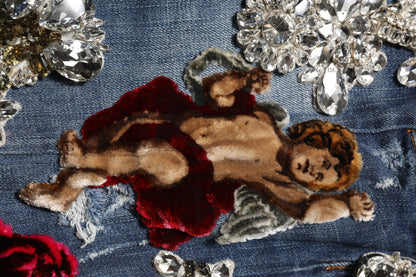 Blue Cotton Rhinestone Embellish Denim Jeans