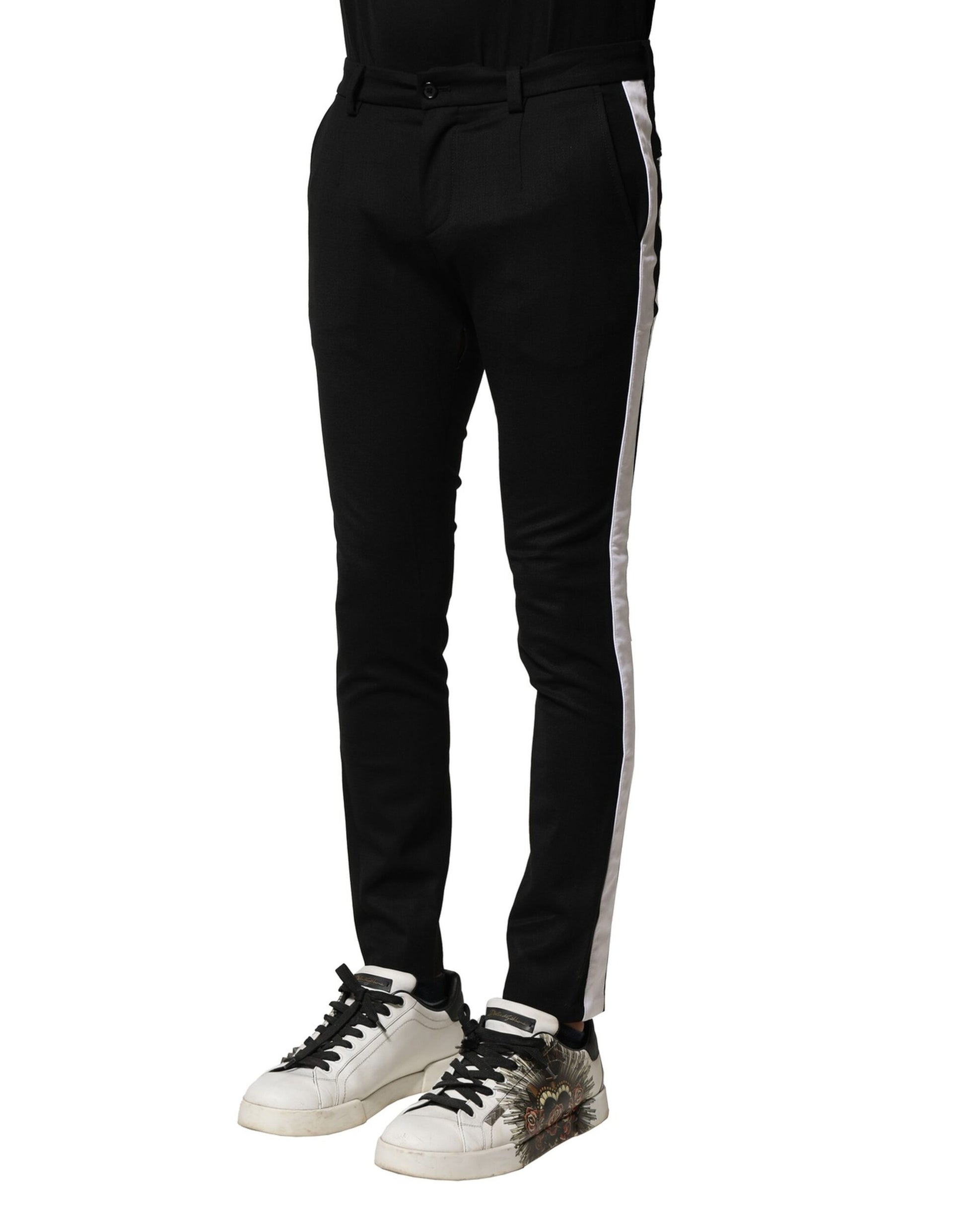 Black Wool Men Skinny Mid Waist Pants