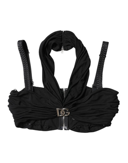 Black Cropped Viscose Halter Bustier Top