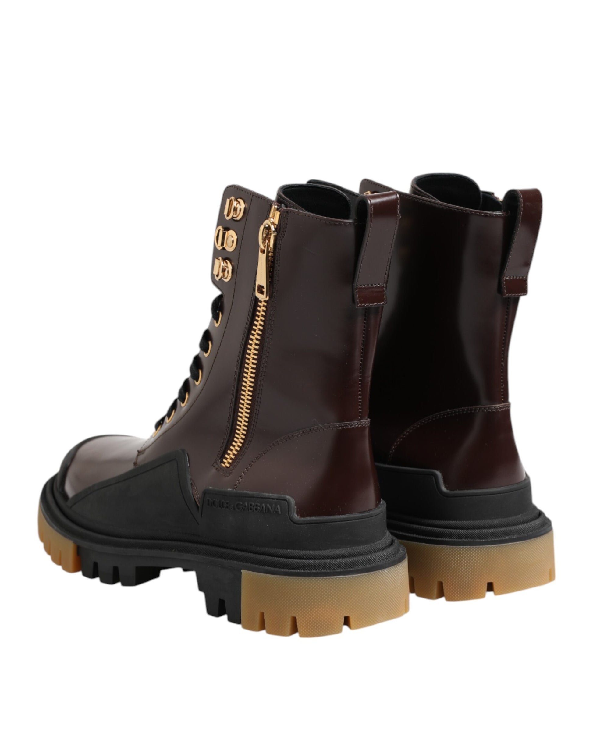 Brown Black Leather Boots Zipper Lace Up Shoes