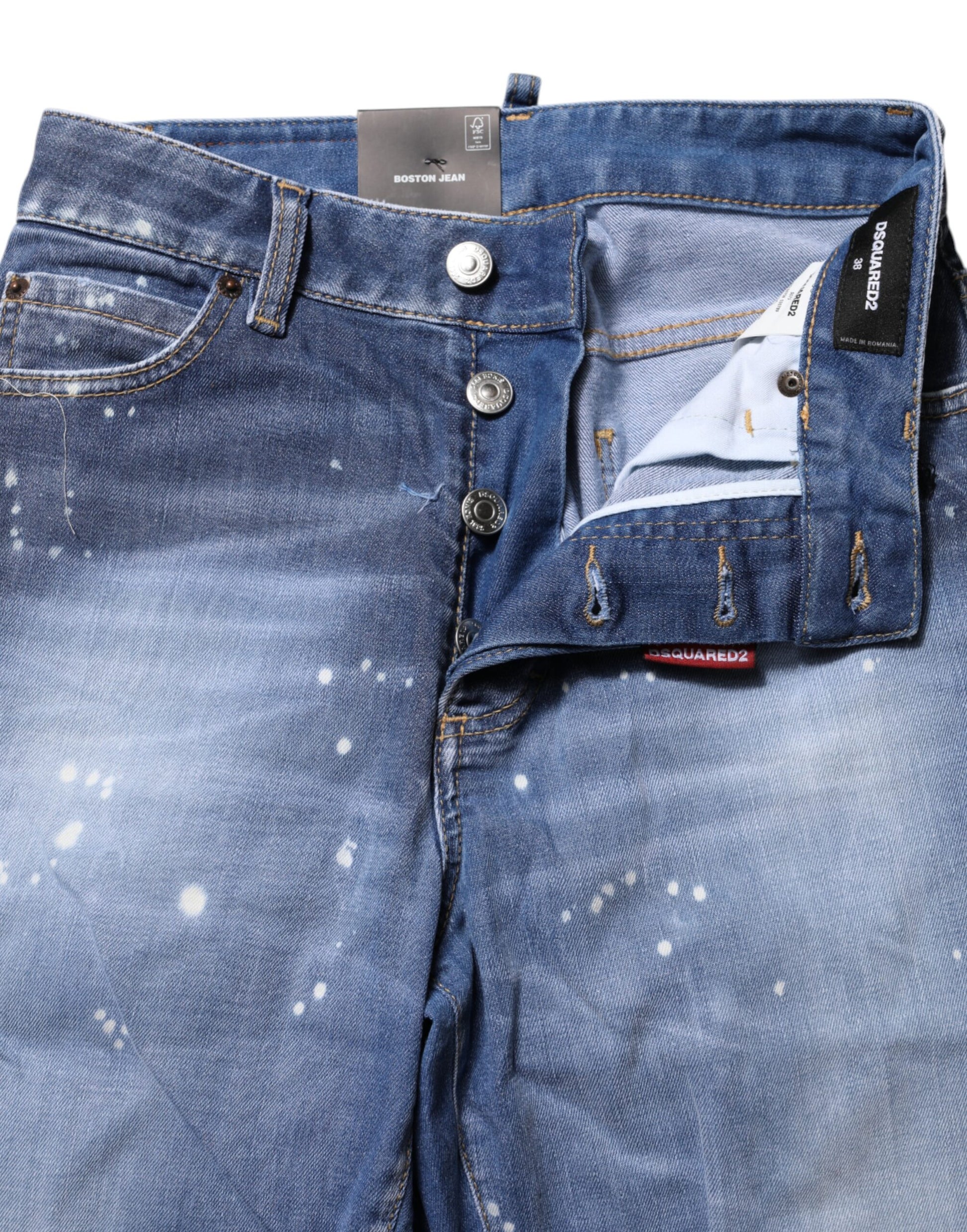 Blue Washed Cotton Mid Waist Straight Jeans