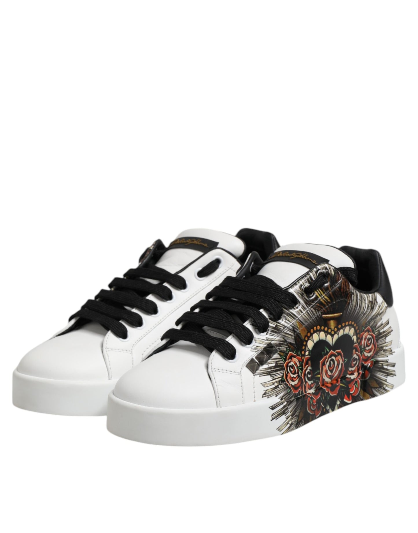 White Leather Heart Print Sneakers Shoes
