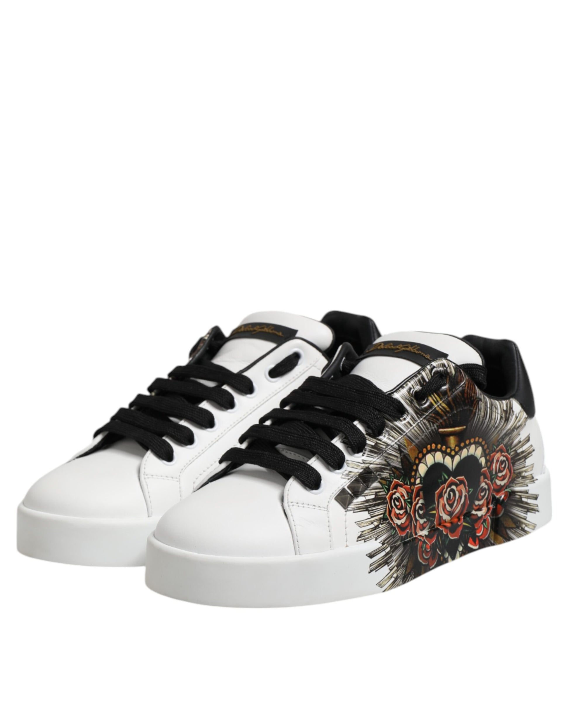 White Leather Heart Print Sneakers Shoes