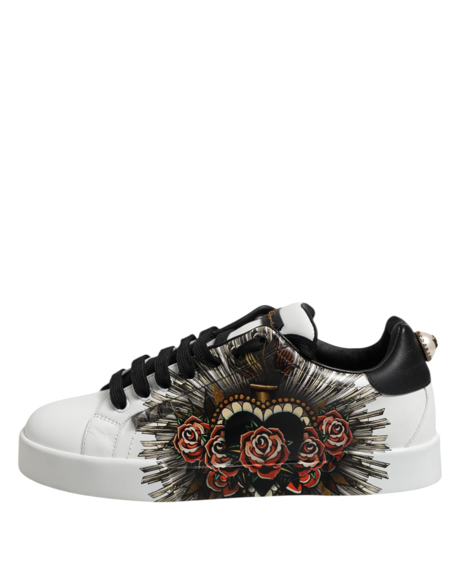 White Leather Heart Print Sneakers Shoes