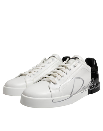 White Black Logo Low Top Leather Sneakers Shoes