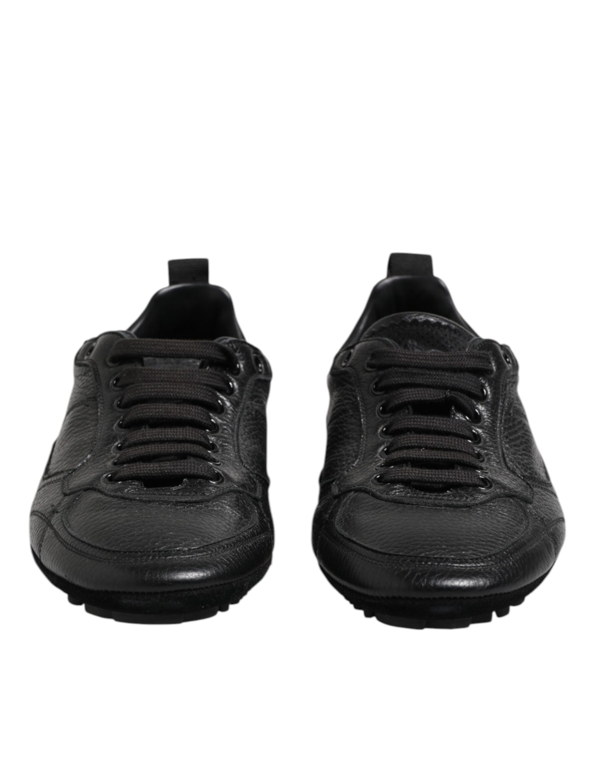 Black Leather Lace Up Low Top Sneakers Shoes
