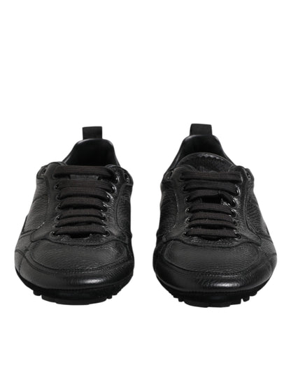 Black Leather Lace Up Low Top Sneakers Shoes