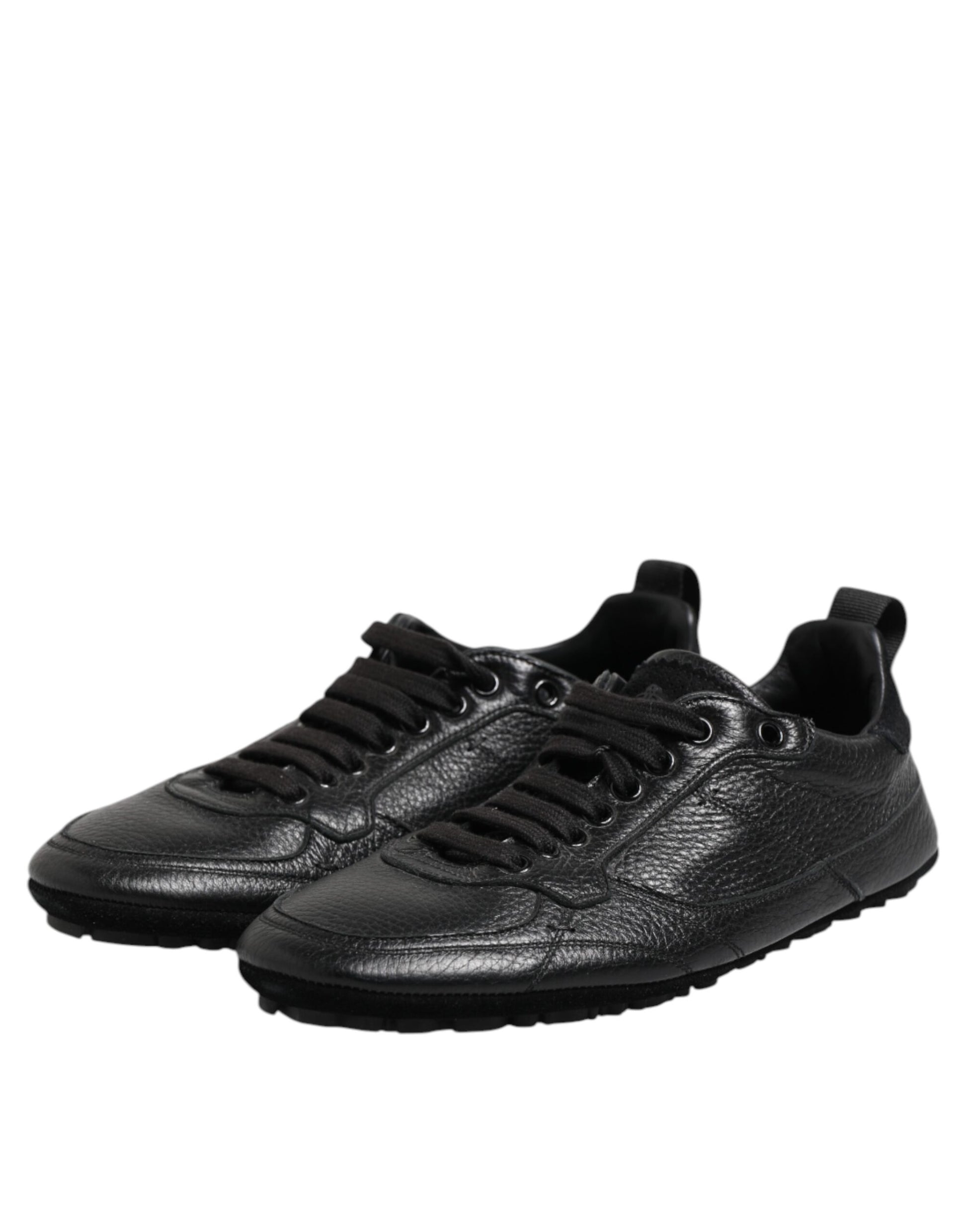 Black Leather Lace Up Low Top Sneakers Shoes