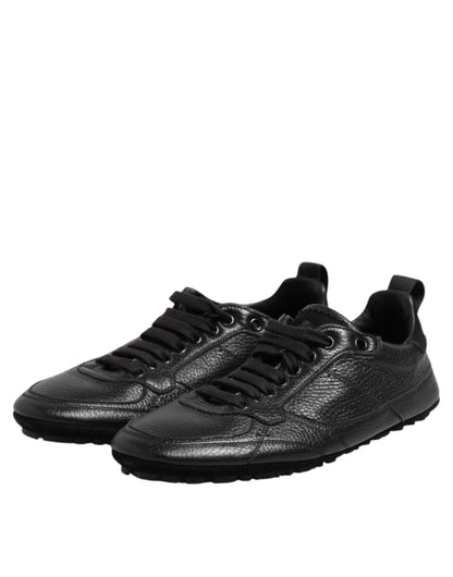Black Leather Lace Up Low Top Sneakers Shoes