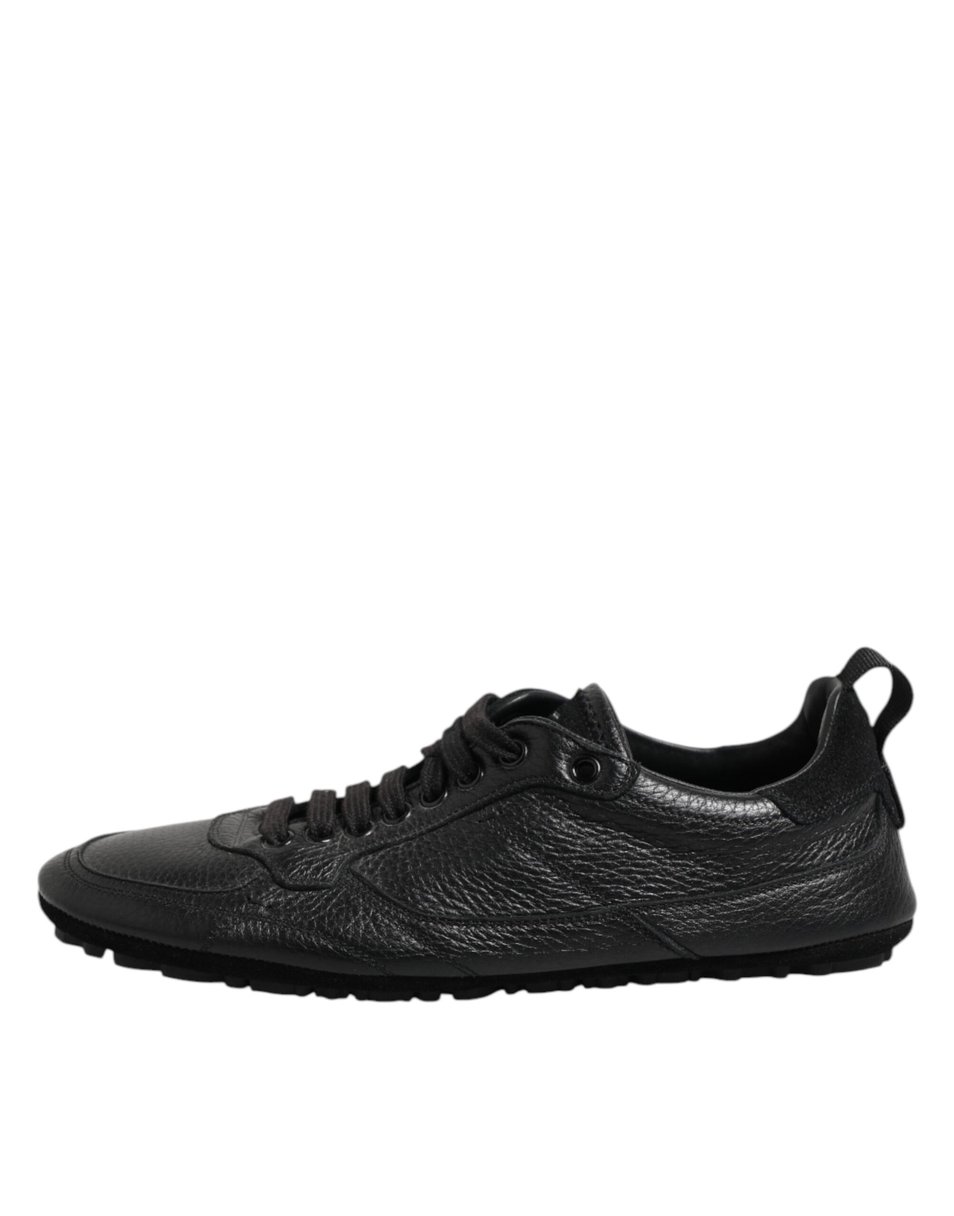 Black Leather Lace Up Low Top Sneakers Shoes