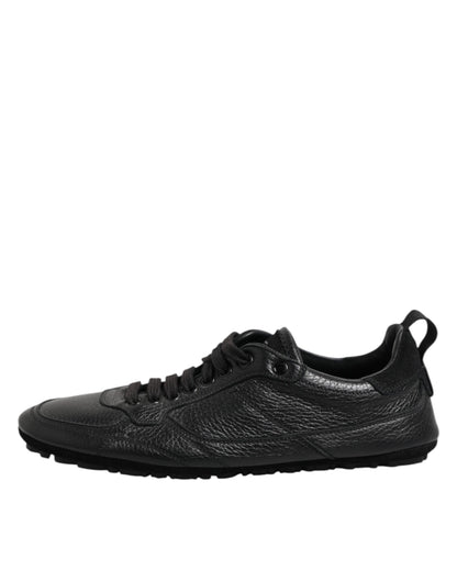 Black Leather Lace Up Low Top Sneakers Shoes