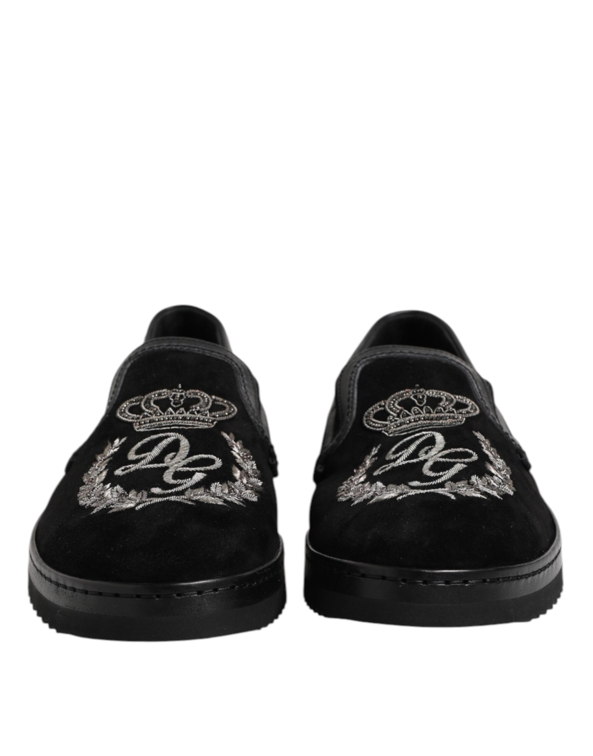 Black Embroidered Crown Loafers Shoes