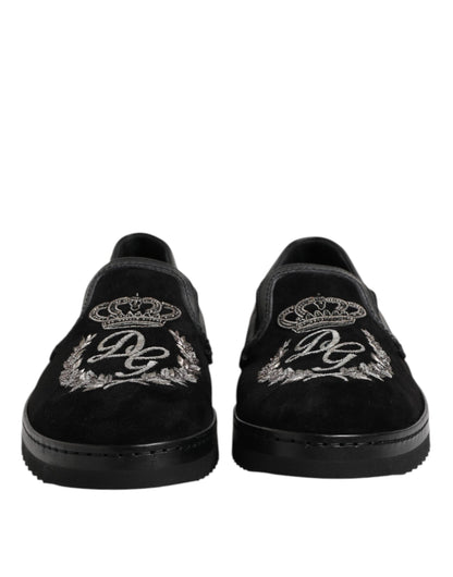 Black Embroidered Crown Loafers Shoes