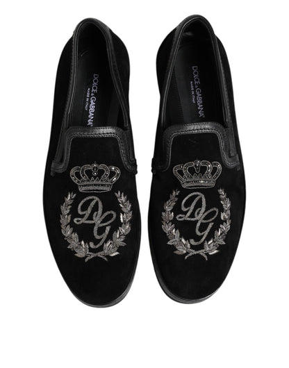 Black Embroidered Crown Loafers Shoes