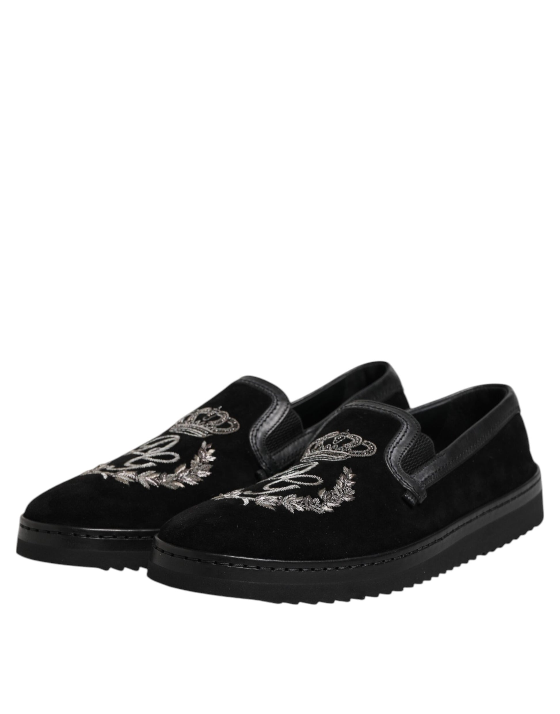Black Embroidered Crown Loafers Shoes