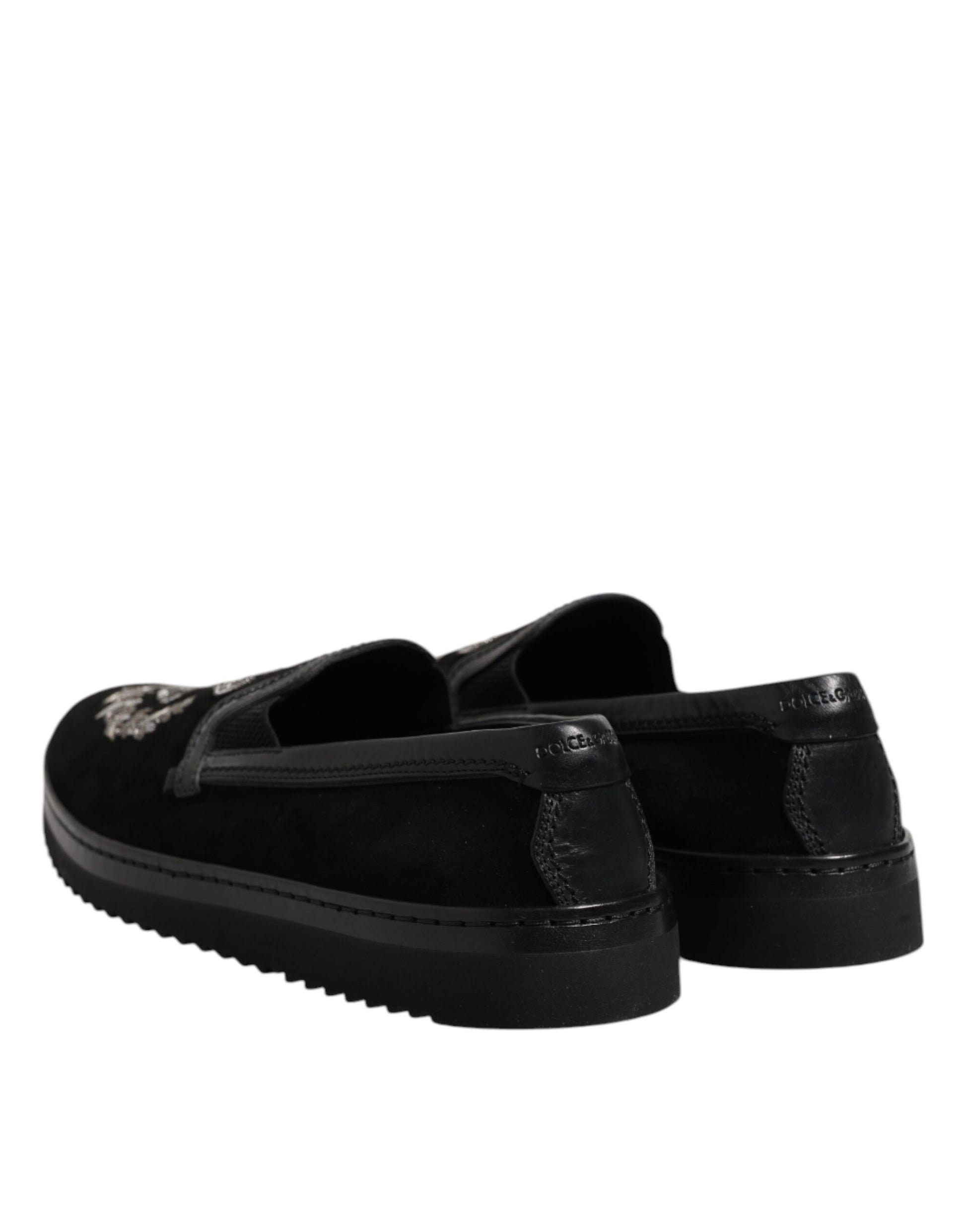 Black Embroidered Crown Loafers Shoes