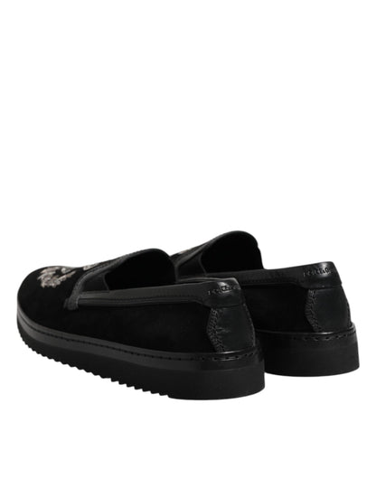 Black Embroidered Crown Loafers Shoes