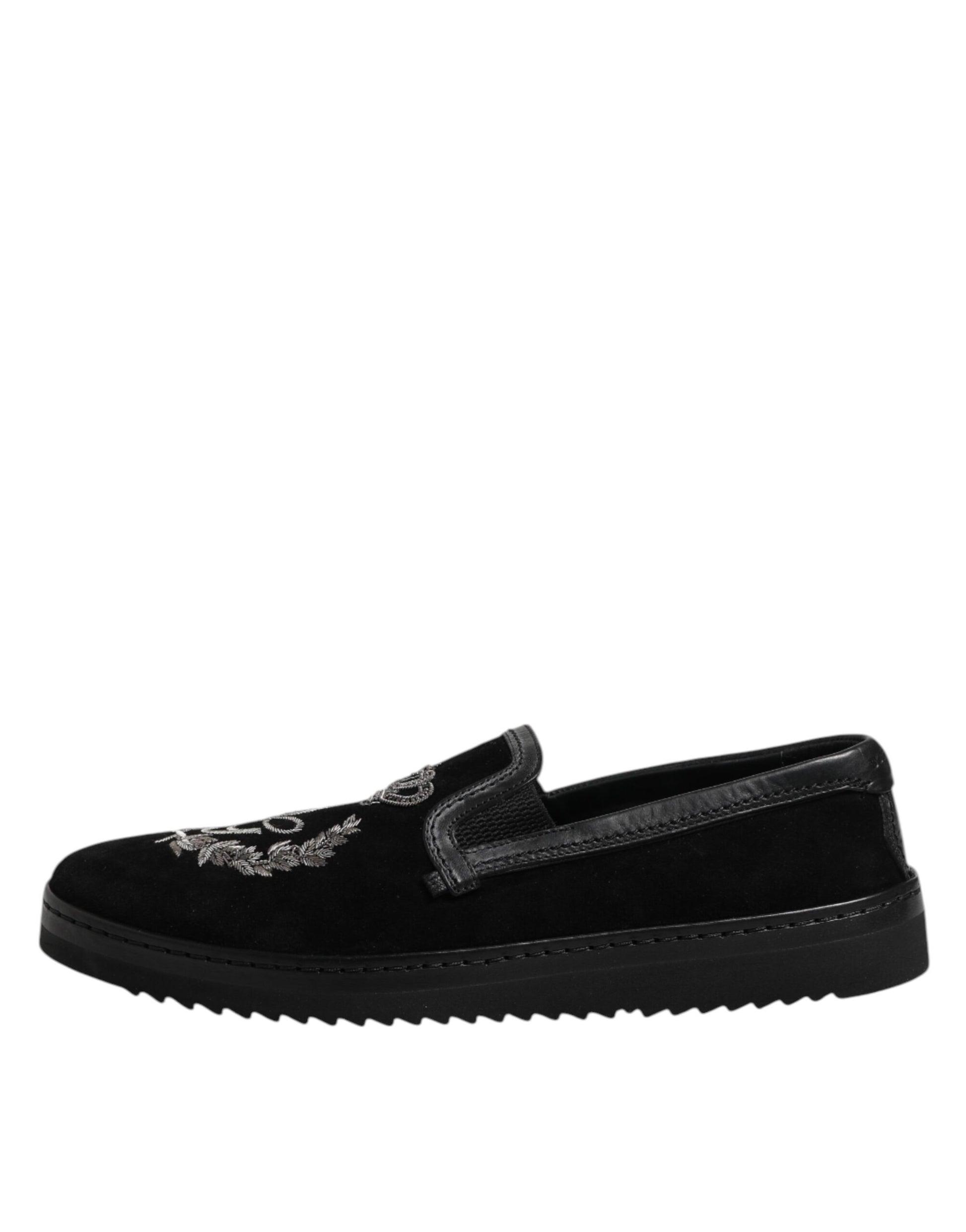 Black Embroidered Crown Loafers Shoes