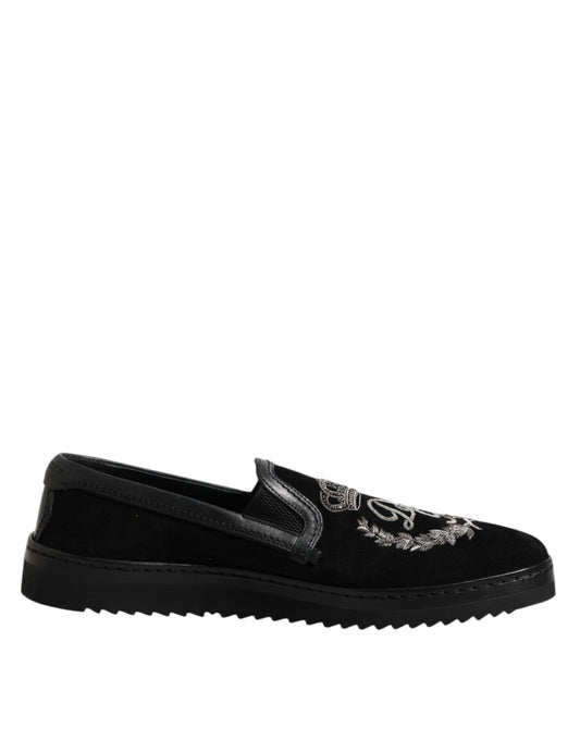 Black Embroidered Crown Loafers Shoes