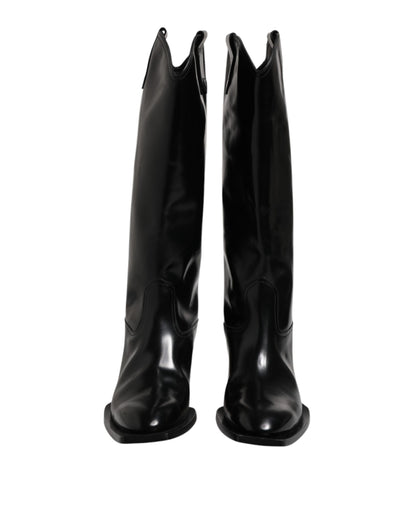 Black Calfskin Leather Logo High Boots Shoes