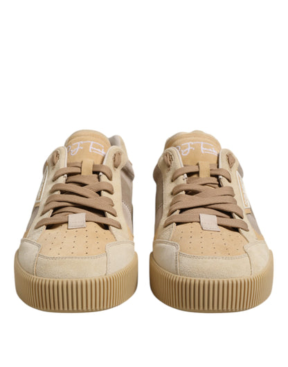 Beige Leather Low Top Lace Up Sneakers Shoes