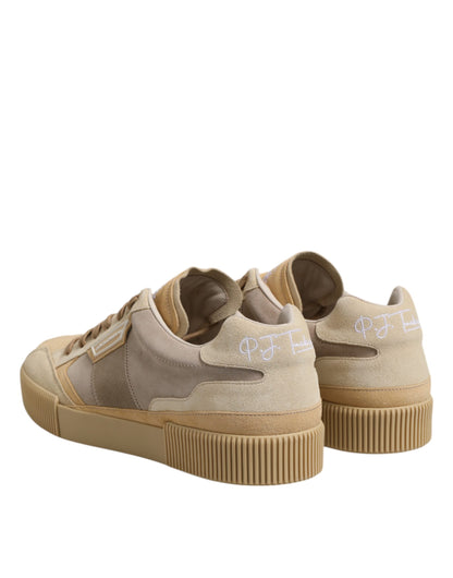 Beige Leather Low Top Lace Up Sneakers Shoes