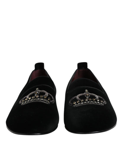 Black Velvet Crystal Crown Loafers Dress Shoes