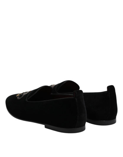 Black Velvet Crystal Crown Loafers Dress Shoes
