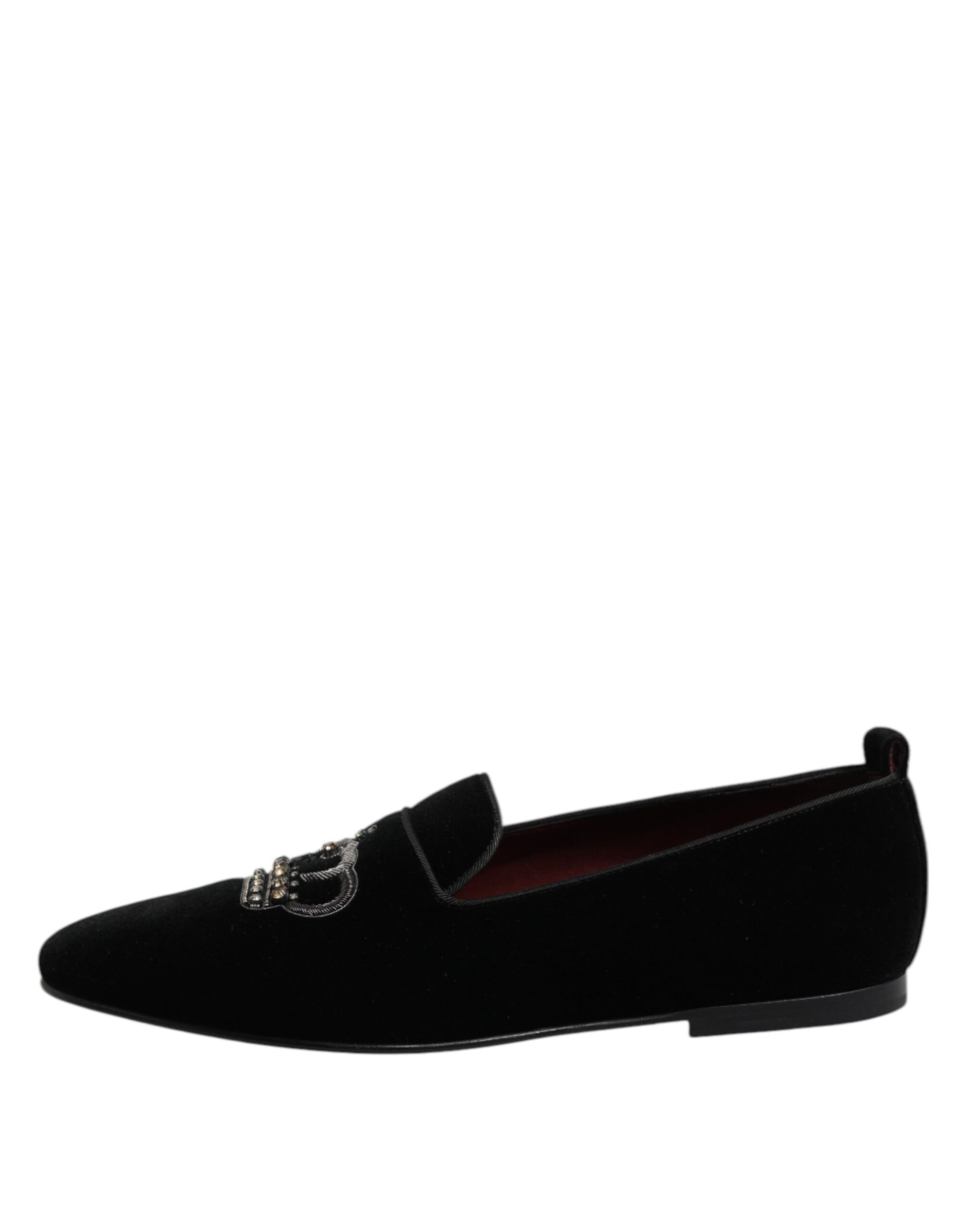 Black Velvet Crystal Crown Loafers Dress Shoes