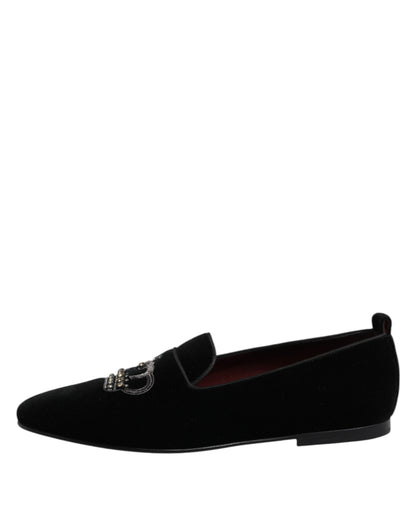 Black Velvet Crystal Crown Loafers Dress Shoes