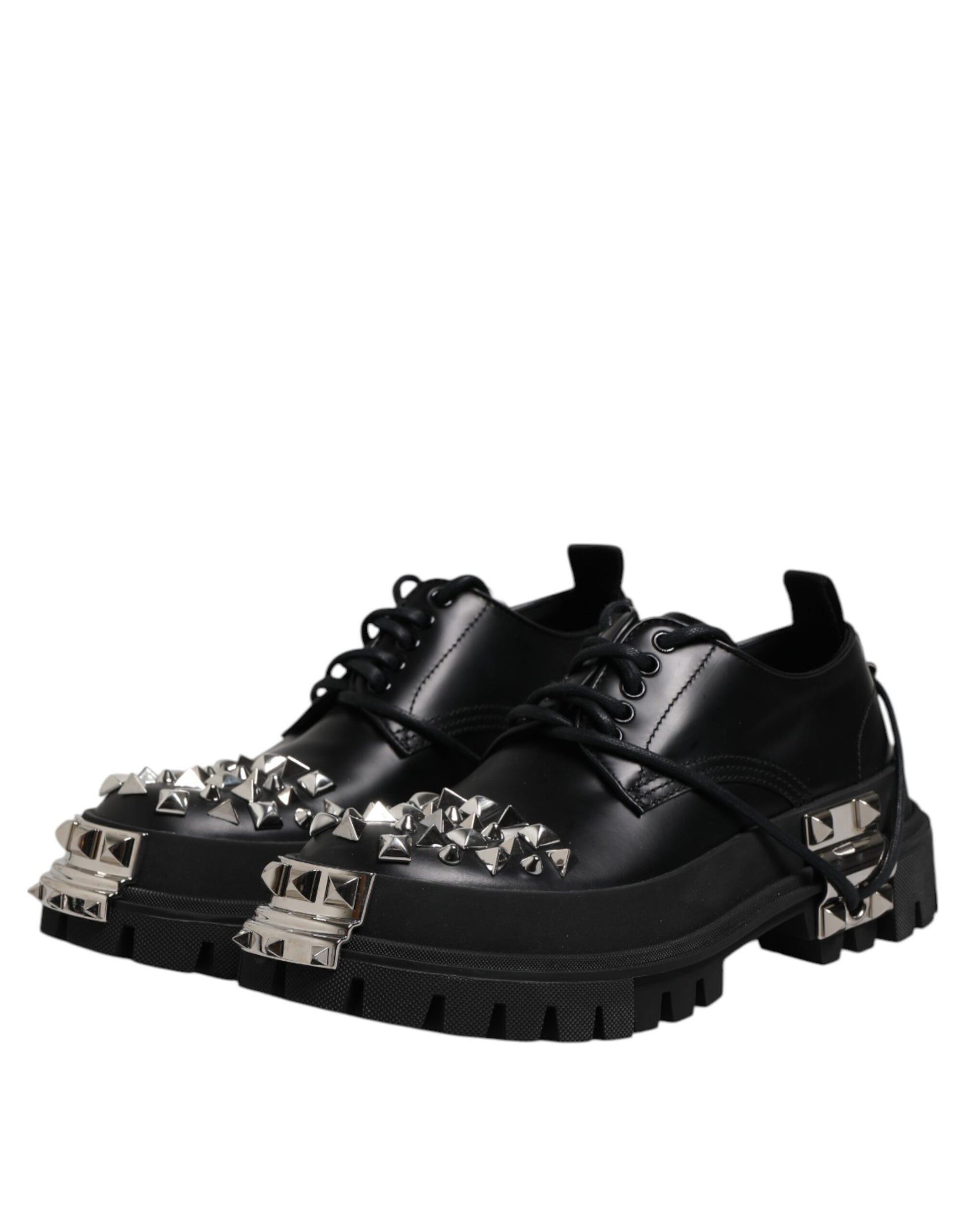 Black Leather Embellished Trekking Derby Shoes