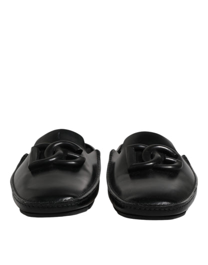 Black Logo Leather Men Slip On Sandals Shoes
