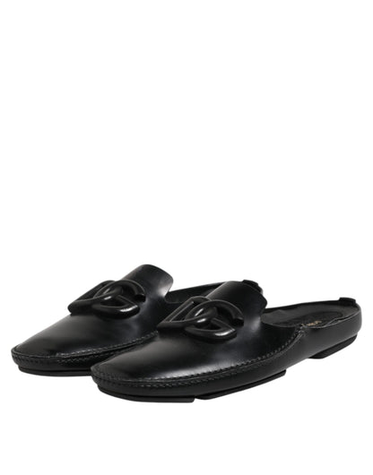 Black Logo Leather Men Slip On Sandals Shoes