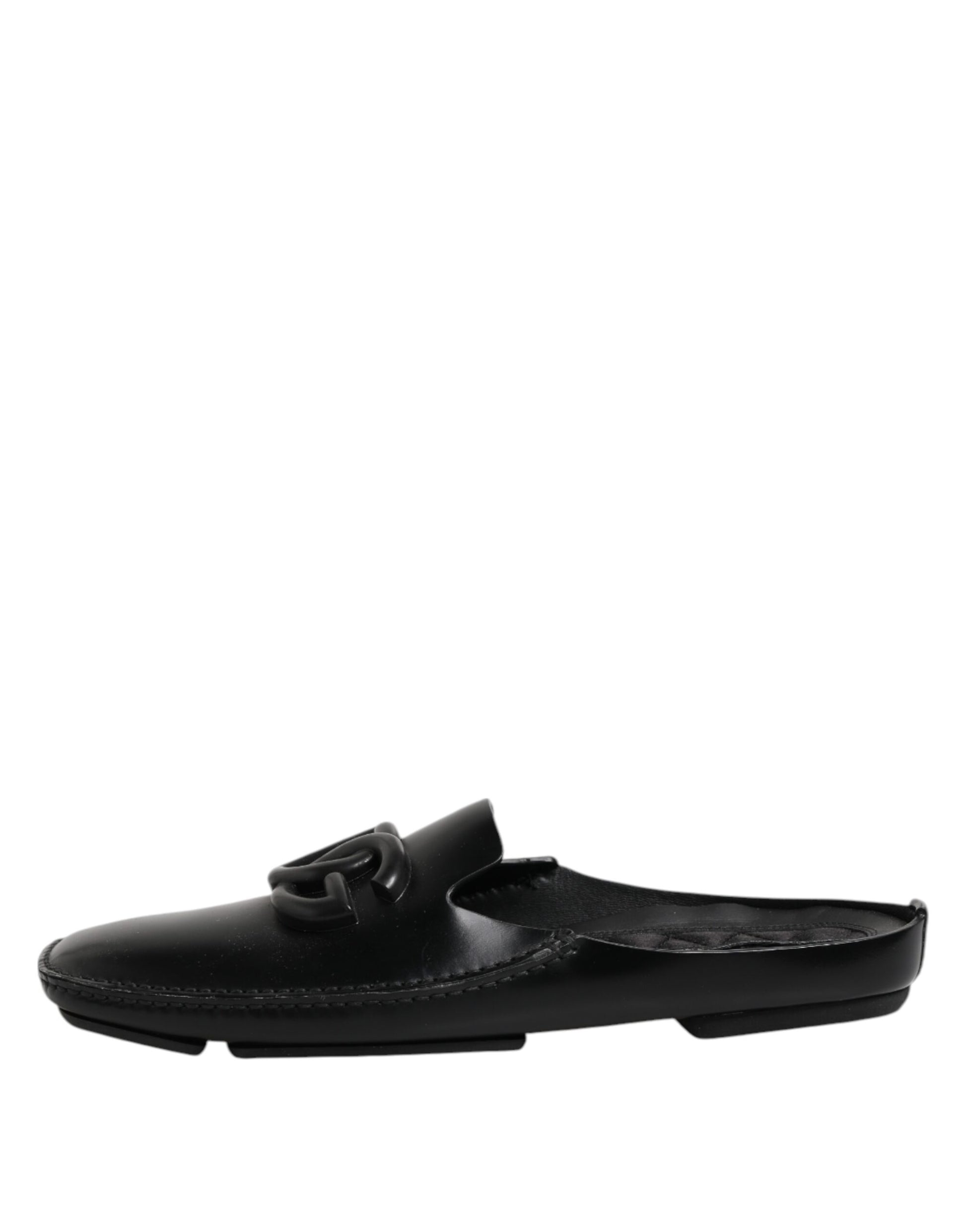 Black Logo Leather Men Slip On Sandals Shoes