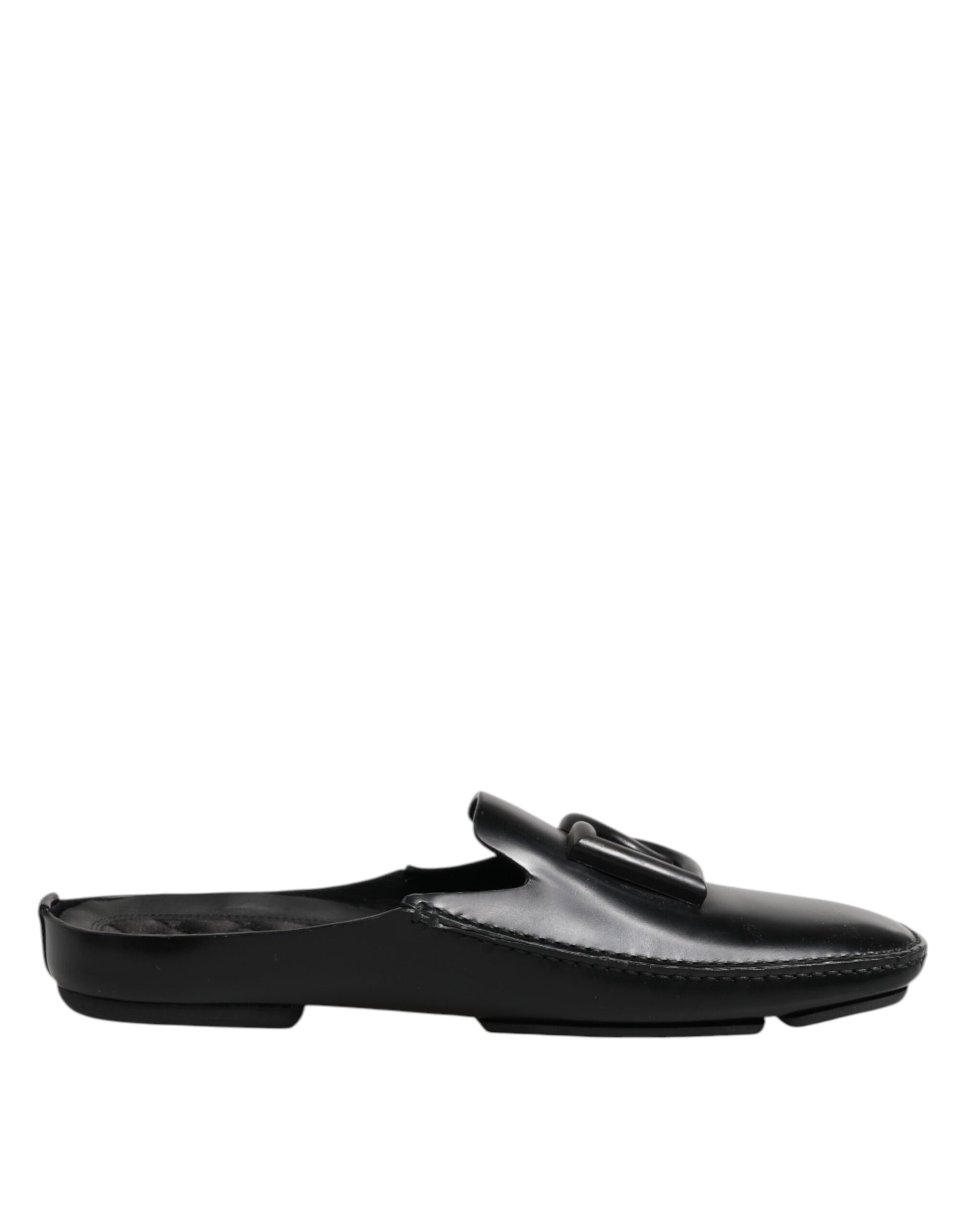 Black Logo Leather Men Slip On Sandals Shoes