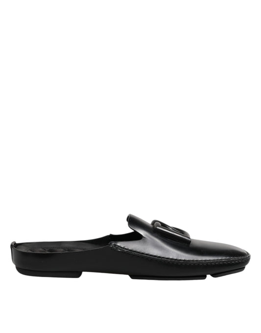 Black Logo Leather Men Slip On Sandals Shoes