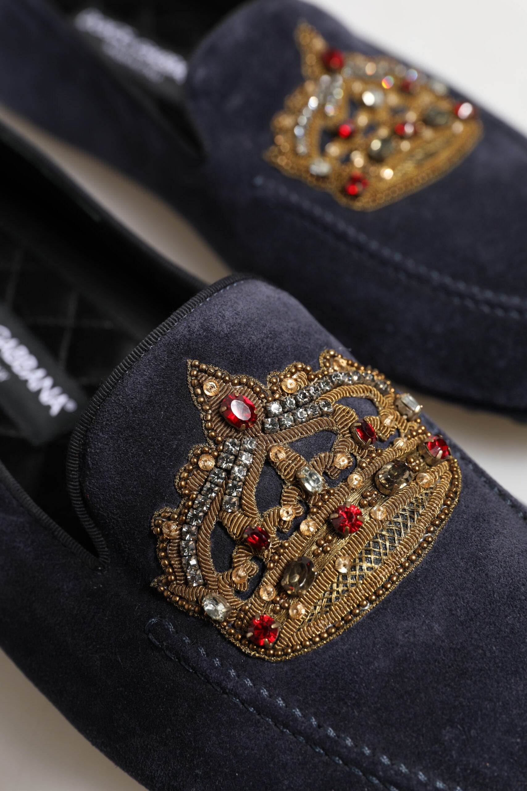 Blue Suede Crown Crystal Loafers Dress Shoes