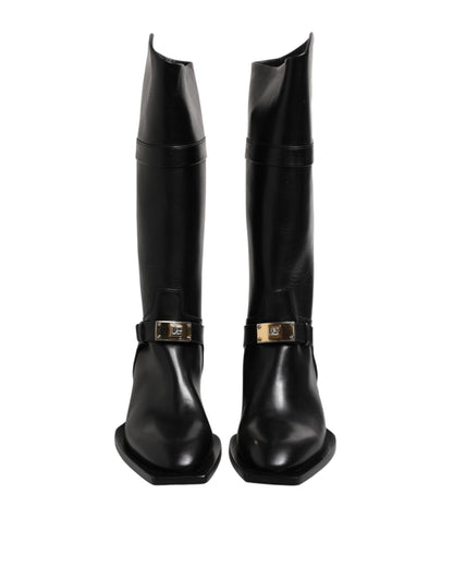 Black Leather High Boots Flats Shoes