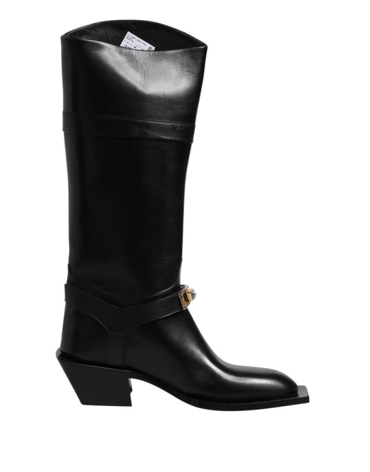 Black Leather High Boots Flats Shoes
