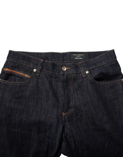 Dark Blue Cotton Logo Plaque Men Denim Jeans