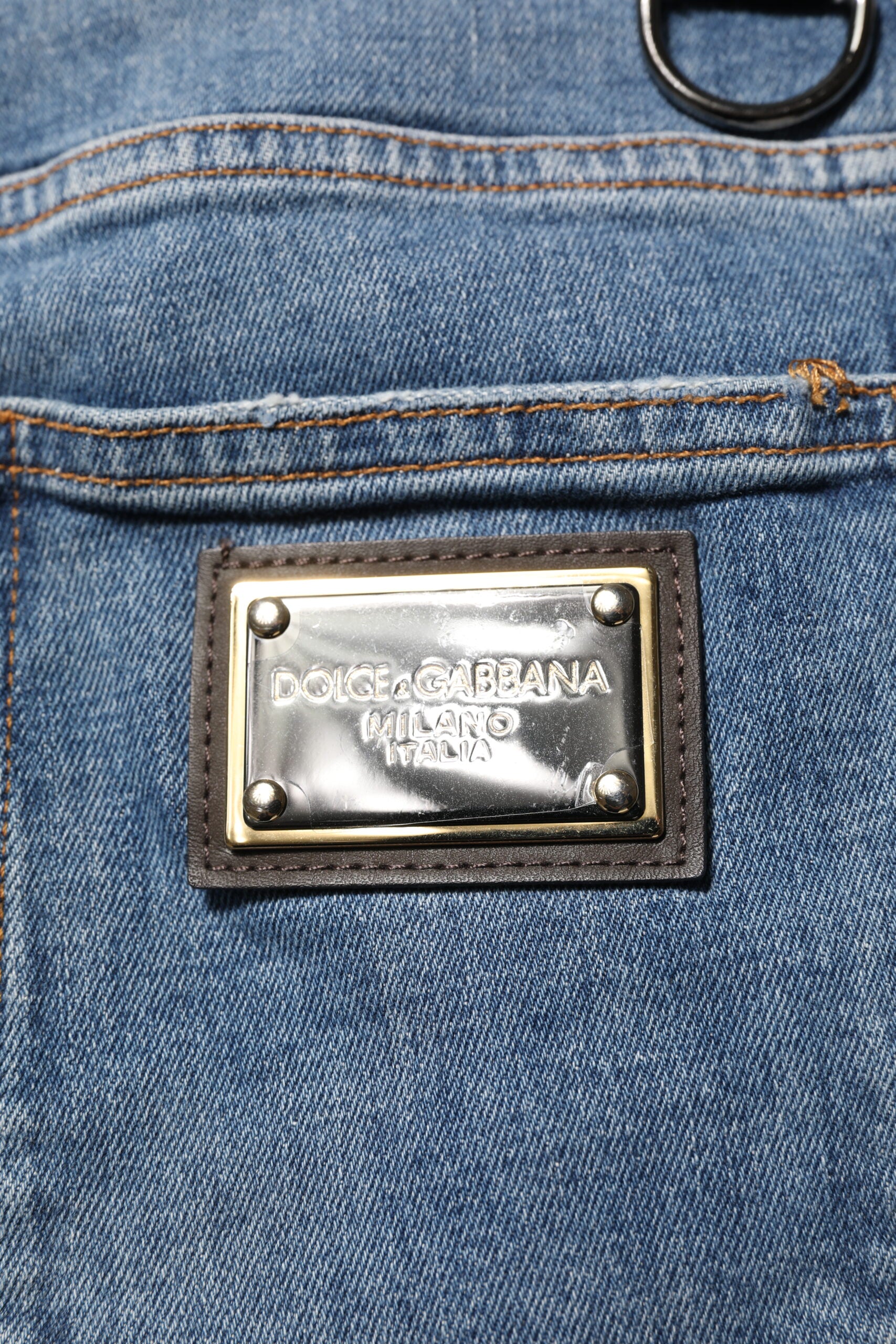 Blue Cotton Tattered Skinny Logo Denim Jeans