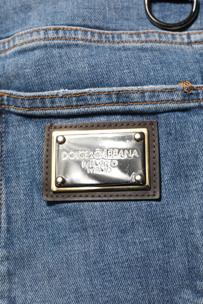 Blue Cotton Tattered Skinny Logo Denim Jeans