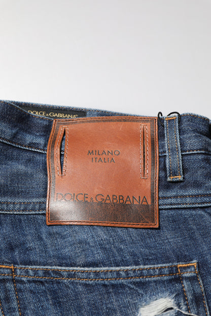 Blue Cotton Tattered Tapered Men Denim Jeans