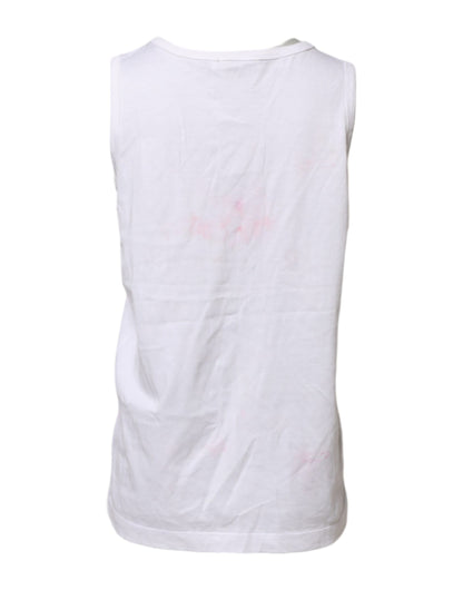 White Cotton Printed Sleeveless Round Neck Top