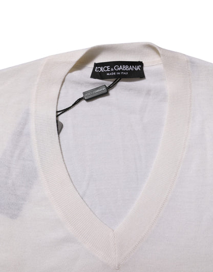 White Cashmere Logo V-neck Pullover Sweater