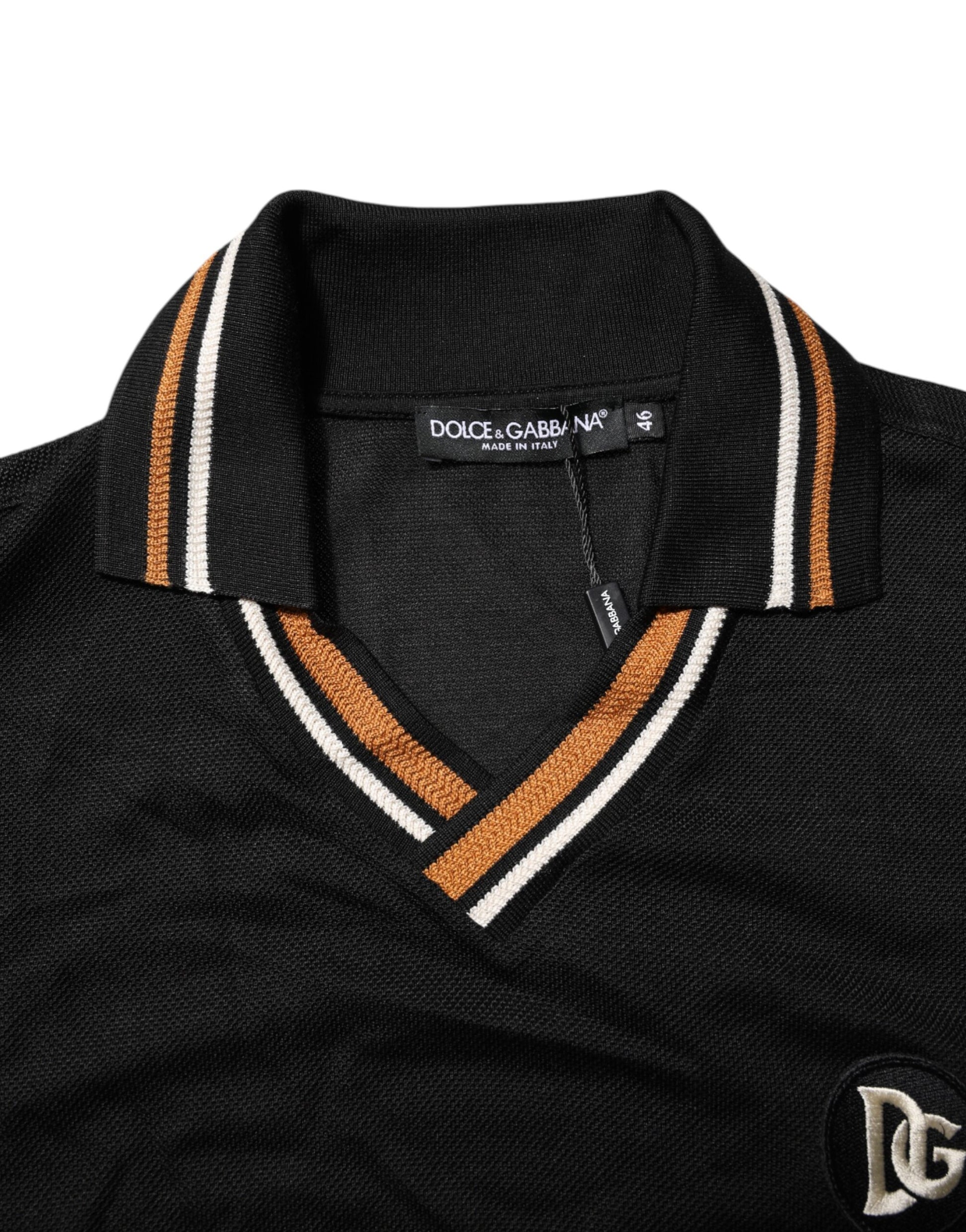 Black DG Silk V-neck Collared Men Polo T-shirt
