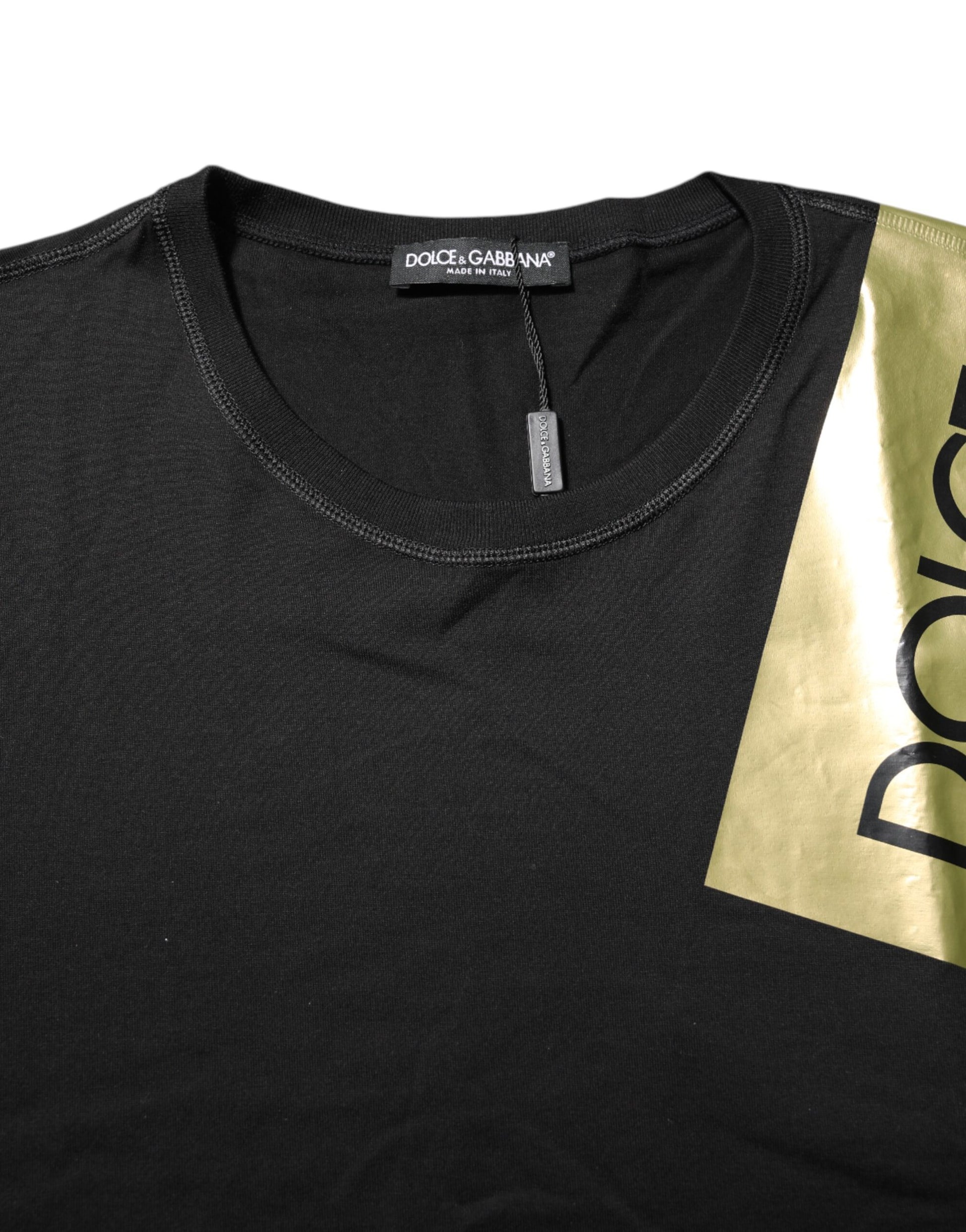 Black Logo Tape Cotton Men Crew Neck T-shirt